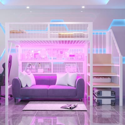 VVBV Stapelbed 90x200 cm - Opbergruimte, LED-Verlichting, App-bediening, Kledingkast, Trap/Ladder - Metaal Zwart/Wit