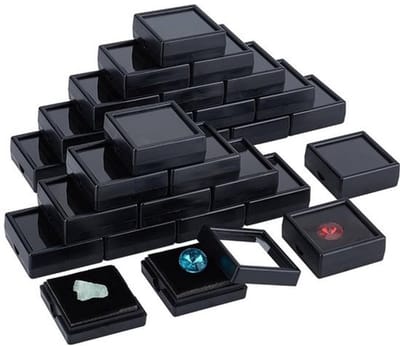 48 Pack Display Box voor Edelstenen - Zwarte Plastic Doos met Duidelijk Venster en Fluwelen Kussen - 4x4x1,5cm