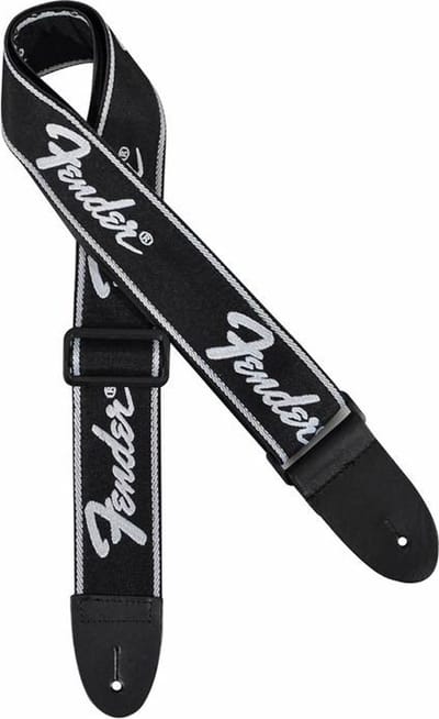 Fender 990671000 gitaarriem, running logo, zwart met wit logo