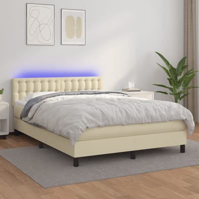 vidaXL - Boxspring - met - matras - en - LED - kunstleer - crèmekleurig - 140x200 - cm