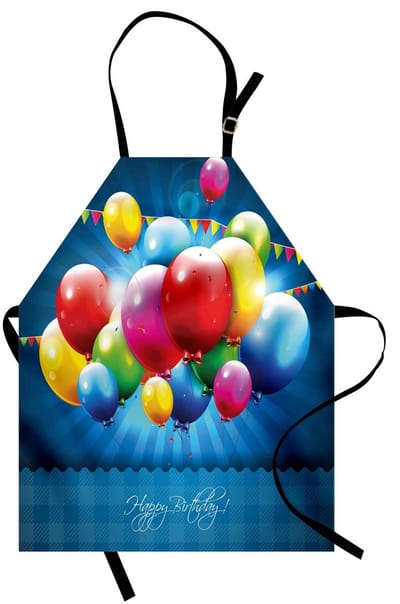 ABAKUHAUS verjaardagsschort, levendige, kleurrijke ballonnen en feestvlaggen op een blauwe achtergrond – geluk, kleurvast, in hoogte verstelbaar, wasbaar, heldere digitale druk, meerkleurig
