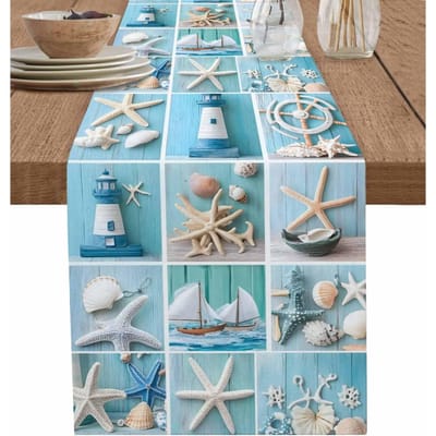 Strandblauw Houtnerf Zeester Tafelkleed Commode Sjaals Tafeldecoratie Wasbaar Keuken Eettafelkleed Feestdecoratie 150x33cm