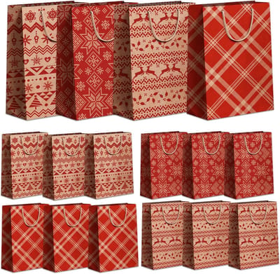 Set van 12 Papieren Kerstcadeauzakjes met Kaarten en Stickers - Kraft Geschenktasjes