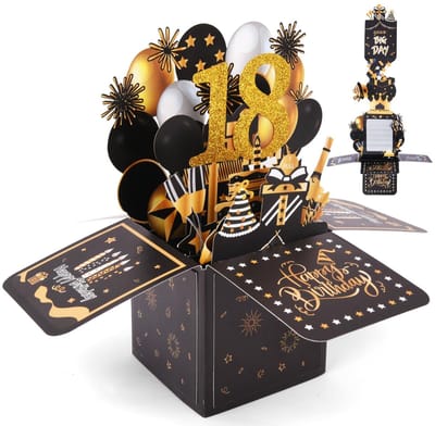 Dailygoods - OFFCUP 18e Verjaardagskaart, Uittrekbare 3d-Wenskaart Voor 18e Verjaardag, Pop-Upkaart Met Envelop, Verjaardagskaarten, Verjaardagscadeau Voor Vrouwen, Kinderen, Vriendin, Mannen (Zwart En Goud)
