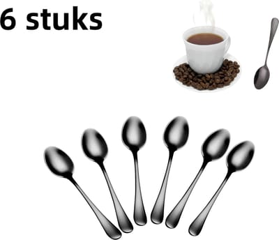 6-delige set - Koffielepel - Dessertlepel - Theelepel - Roestvrij staal - Westerse theelepel - Mini huishoudlepel - Zwart