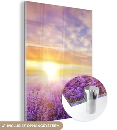 MuchoWow® Glasschilderij 30x40 cm - Schilderij acrylglas - Lavendel - Zon - Lucht - Natuur - Foto op glas - Schilderijen
