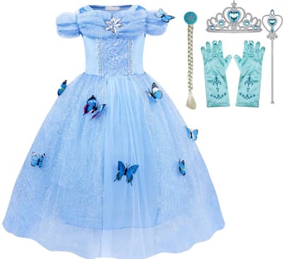 Prinsessenjurk meisje - Blauwe jurk met vlinders- maat 134/140 - Het Betere Merk - Verkleedkleding meisje - Kroon, toverstaf, vlecht & handschoenen