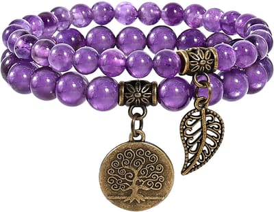 Bixorp Gems Dubbele Amethist Armband met Levensboom & Veertje - Edelsteen Kralenarmband met Hanger - Chakra