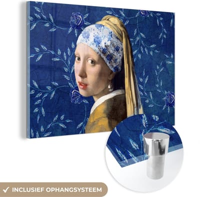 MuchoWow® Glasschilderij 120x80 cm - Schilderij acrylglas - Meisje met de parel - Delfts blauw - Vermeer - Bloemen - Schilderij - Oude meesters - Foto op glas - Schilderijen