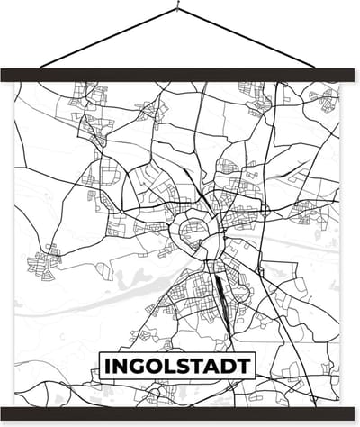 Posterhanger incl. Poster 60x60 cm - Schoolplaat - Plattegrond - Ingolstadt - Kaart - Stadskaart - Textielposter - Zwarte latten - Stadskaart