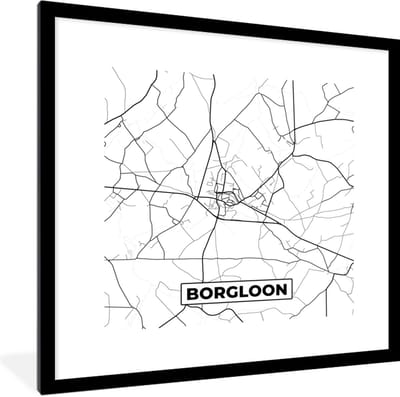 Fotolijst incl. Poster Zwart Wit- Stadskaart – Zwart Wit - Kaart – Borgloon – België – Plattegrond - 40x40 cm - Posterlijst
