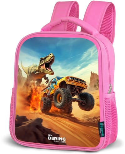 NoBoringSuitcases.com® - Rugzak roze - Schooltas meisjes - Vluchtende truck voor T-Rex in vurige woestijn - Kinder rugtas meisje - Boekentas kind - Kinderrugzak voor school - Schoolrugzak