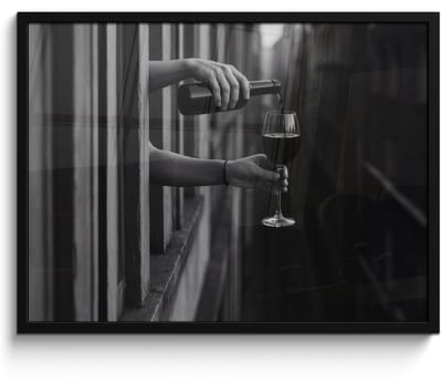 Poster in lijst - Fotolijst 70x50 cm - Posters - Wijnfles - Glas - Handen - Raam - Posterlijst zwart - Decoratie - Wanddecoratie woonkamer - Muurdecoratie slaapkamer