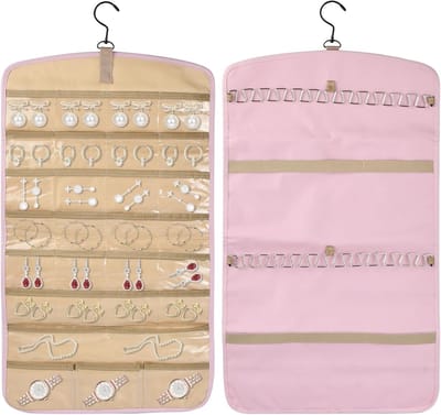 Hanging Jewelry Organizer - Dubbelzijdige Sieradenopberger - Met Metalen Haken en Transparante Zakjes voor Ringen - Kettingen - Armbanden - Oorbellen (Roze)
