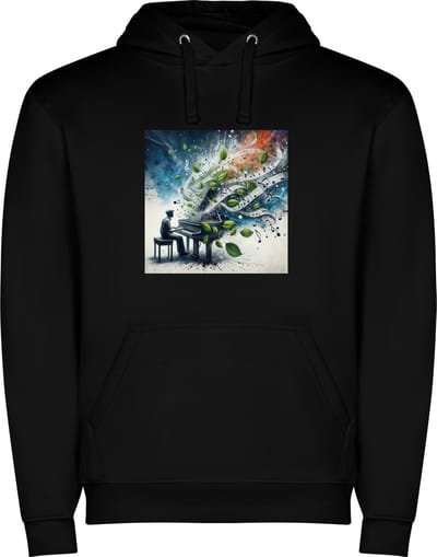 Zwarte unisex hoodie met “ Kleurrijke Vleugel – Grande Dame – Muziekinstrument – Vrolijk – Muziek “ Print Full Color Color merk Roly maat S