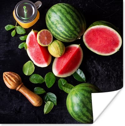 Poster Watermeloen - Smoothie - Fruit - Citroenpers - 100x100 cm XXL