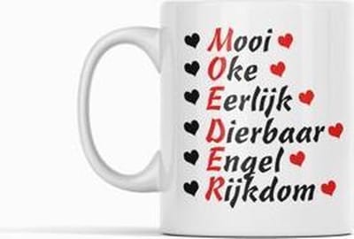 Passie voor Stickers Witte koffie mok / beker: Moeder: Mooi, Oke, Eerlijk, Dierbaar, Engel, Rijkdom