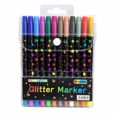 Dubbelzijdige glittermarkers - 12 stuks, Engelstalige uitvoering - Op waterbasis voor tekenen en leren - Basisverpakking