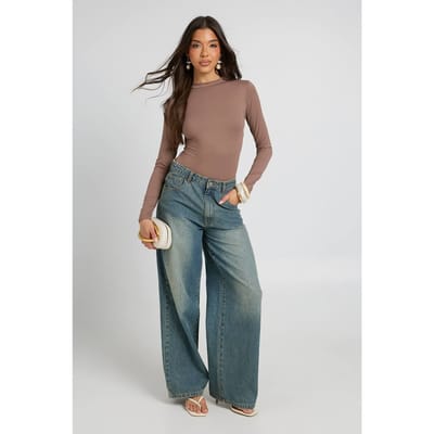 boohoo Dames Tweede Huid Ronde Hals Lange Mouw Body | Mokka | Maat: 40