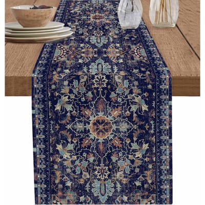 Marineblauw Boho Nachtkastje Linnen Tafelkleden Eetkamer Decoratie Wasbaar Huis Eettafelkleden Feestdecoraties 150x33cm blue