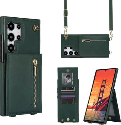 Geschikt Voor Samsung Galaxy S24 Ultra Hoesje Met Koord - Solidenz S24 Ultra Wallet Case Cover - Backcover Met Koordje - Cord Case - Lanyard - Hoesje S24 Ultra - Groen
