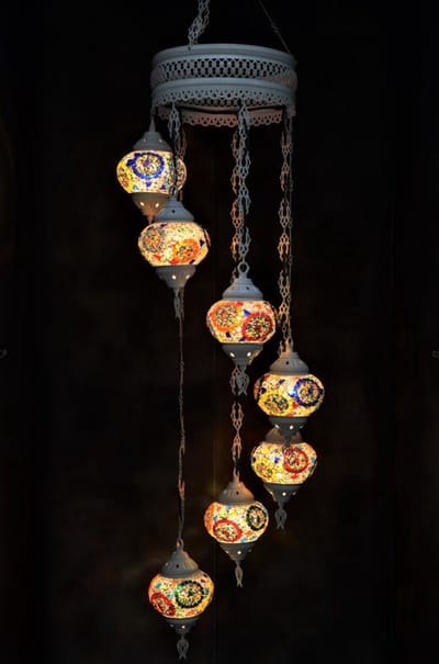 Hanglamp multicolour bruin zwart wit glas mozaïek Oosterse lamp kroonluchter Crèmewit 7 bollen
