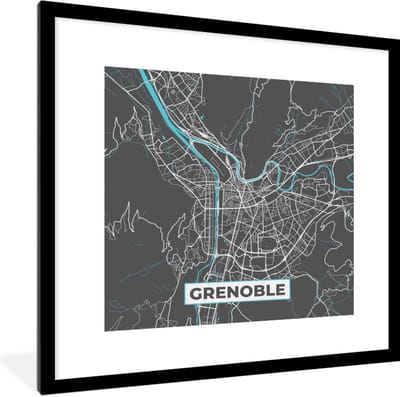 Fotolijst incl. Poster - Grenoble - Frankrijk - Plattegrond - Kaart - Stadskaart - 40x40 cm - Posterlijst