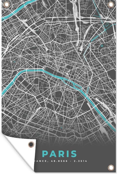 Muurdecoratie Parijs - Plattegrond - Frankrijk - Stadskaart - Kaart - 120x180 cm - Tuinposter - Tuindoek