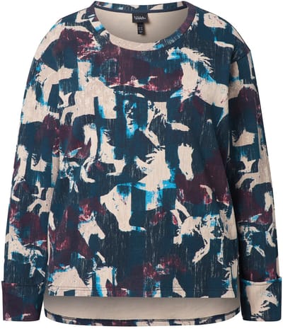 Ulla Popken - Dames - Sweatshirt paarden A-lijn ronde hals lange mouw - Marine - Maat 62+