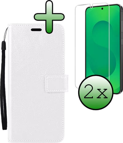 Hoesje Met 2x Screenprotector - Geschikt voor Samsung Galaxy S25 - Luxe Pasjeshouder - Bookcase Portemonee - Flip Case - Kunstleer Book Case - Flipcase Hoes - Book Cover - Walletcase - Portemonneehoes - Wit