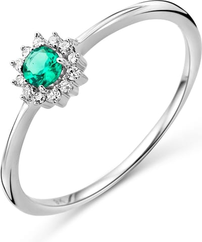 Miore Pure Ring Dames - 9 Karaat - Zilverkleurig - Met Diamanten en een Groene Smaragd - Maat 52