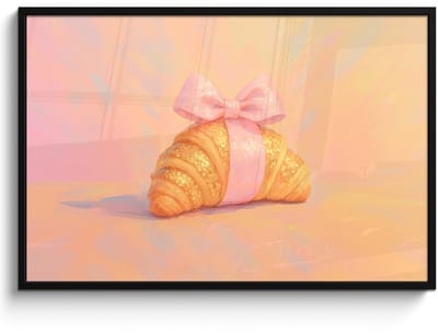 Poster in lijst - Fotolijst 120x80 cm - Posters - Croissant - Strik - Roze - Posterlijst zwart - Decoratie - Wanddecoratie woonkamer - Muurdecoratie slaapkamer