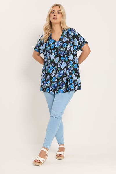 Yours Zwarte En Blauwe Bloemenblouse Met Notch Neck Size 42
