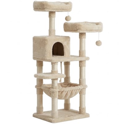 MAZAZU Krabpaal 143cm - Crème - Beige - Kattenhuis - Kattenboom - Katten - Met Hangmat - Ligmand - Zacht Pluche 49x49x135