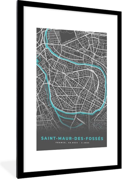 Fotolijst incl. Poster - Saint-Maur-des-Fossés - Frankrijk - Plattegrond - Stadskaart - Kaart - 60x90 cm - Posterlijst
