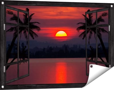 Gards Tuinposter Doorkijk Zonsondergang op het Strand met Palmbomen - 90x60 cm - Tuindoek - Tuindecoratie - Wanddecoratie buiten - Tuinschilderij