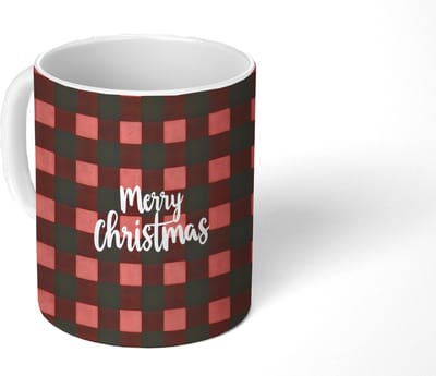 Mok - Koffiemok - Geruit - Rood - Tekst - Christmas - Mokken - 350 ML - Beker - Koffiemokken - Theemok - Mok met Tekst