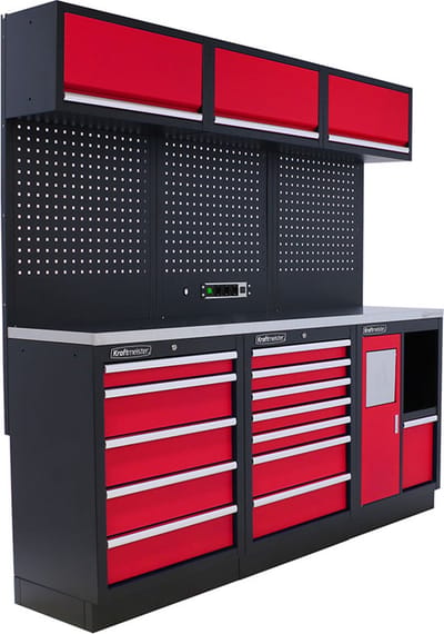Kraftmeister werkplaatsinrichting - Werkbank met 3 wandkasten en RVS werkblad - Werktafel met 12 laden en gereedschapswand - Complete set voor werkplaats of garage - Rood