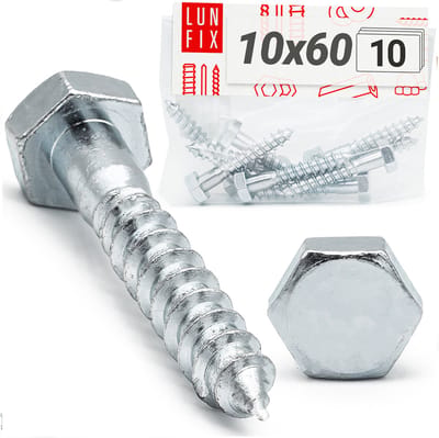 Houtschroeven 10 X 60 mm - 10 stuks - DIN571 - Zeskantkop - Verzinkt staal - Houtbouwschroeven