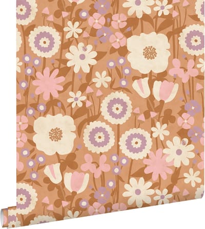 ESTAhome behang retro bloemen terracotta bruin, roze en paars - 50 x 900 cm - 132161