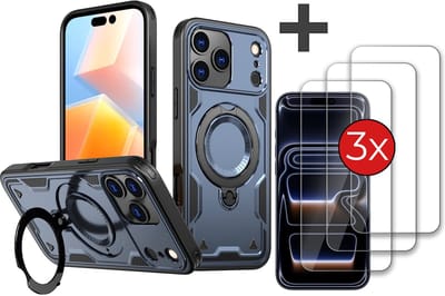 Hoesje Geschikt voor iPhone 17 Pro met 3 Stuks gehard glas Screenprotector - Armor hoes met Ringhouder - Arara backcover - Donker Blauw