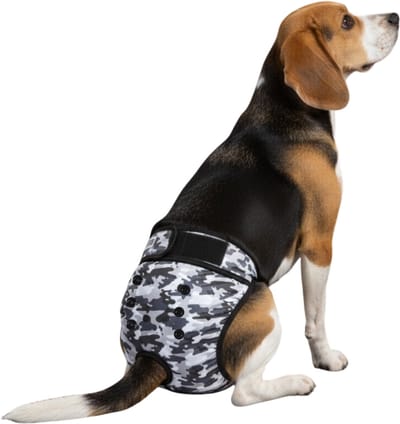 Loopsheidbroekje voor honden - camo grijs - maat L voor grotere honden - herbruikbaar - hondenbroekje - hondenluier - loopsheid - ongesteldheid - voorkomt ongewenste zwangerschappen bij teefjes - milieuvriendelijk - verantwoord - perfecte pasvorm