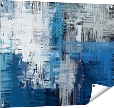 Gards Tuinposter Abstracte Kunst - Blauw Witte Penseelstreken - 100x80 cm - Tuindoek - Tuindecoratie - Wanddecoratie buiten - Tuinschilderij