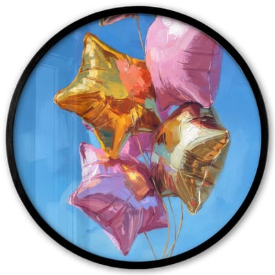 Poster in lijst Rond - Fotolijst 40x40 cm - Posters - Ballonnen - Goud - Stervorm - Roze - Ronde posterlijst zwart - Decoratie - Wanddecoratie woonkamer - Muurdecoratie slaapkamer