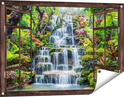 Gards Tuinposter Doorkijk Tropische Waterval in Thailand - 90x60 cm - Tuindoek - Tuindecoratie - Wanddecoratie buiten - Tuinschilderij