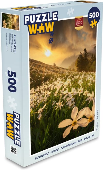 Puzzel Bloemenveld - Heuvels - Zonsondergang - Berg - Natuur - Wit - Heuvels - Legpuzzel - Puzzel 500 stukjes