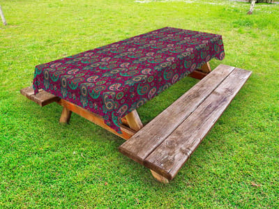 ABAKUHAUS Paisley Buitentafelkleed, Traditionele Bloemenmotieven, Decoratief Wasbaar Picknicktafelkleed, 145 x 305 cm, Frambozen en Multicolor