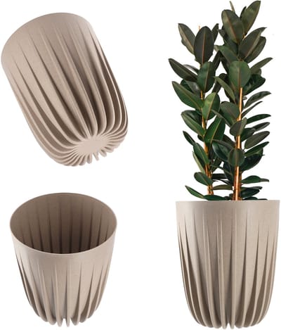 KADAX Bloempot van kunststof met natuurlijke materialen, moderne plantenpotten, plantenpot met geometrisch patroon, ronde bloempot met inzetstuk, natuurlijke bloempot, hoge bloempot (diameter 25 cm,