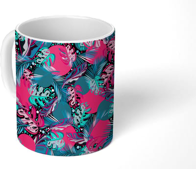 Mok - Koffiemok - Bladeren - Hawaii - Design - Roze - Blauw - Mokken - 350 ML - Beker - Koffiemokken - Theemok