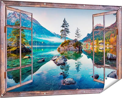Gards Tuinposter Doorkijk Meer in de Bergen tijdens de Herfst - 150x100 cm - Tuindoek - Tuindecoratie - Wanddecoratie buiten - Tuinschilderij
